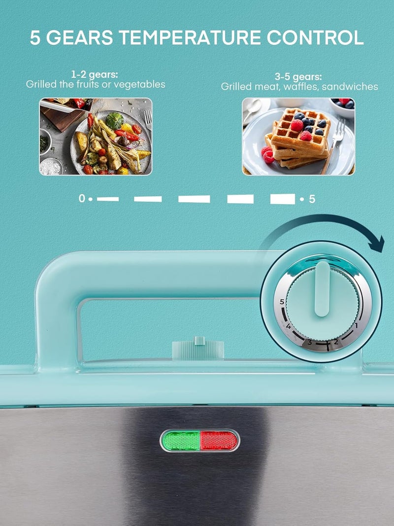 FOHERE Waffle Maker 3 in 1 Sandwich Maker 1200W Panini Press With Removable Plates and 5-gear Temperature Control, Non-stick Coating Easy to Clean,Indicator Lights, Blue - Image 3